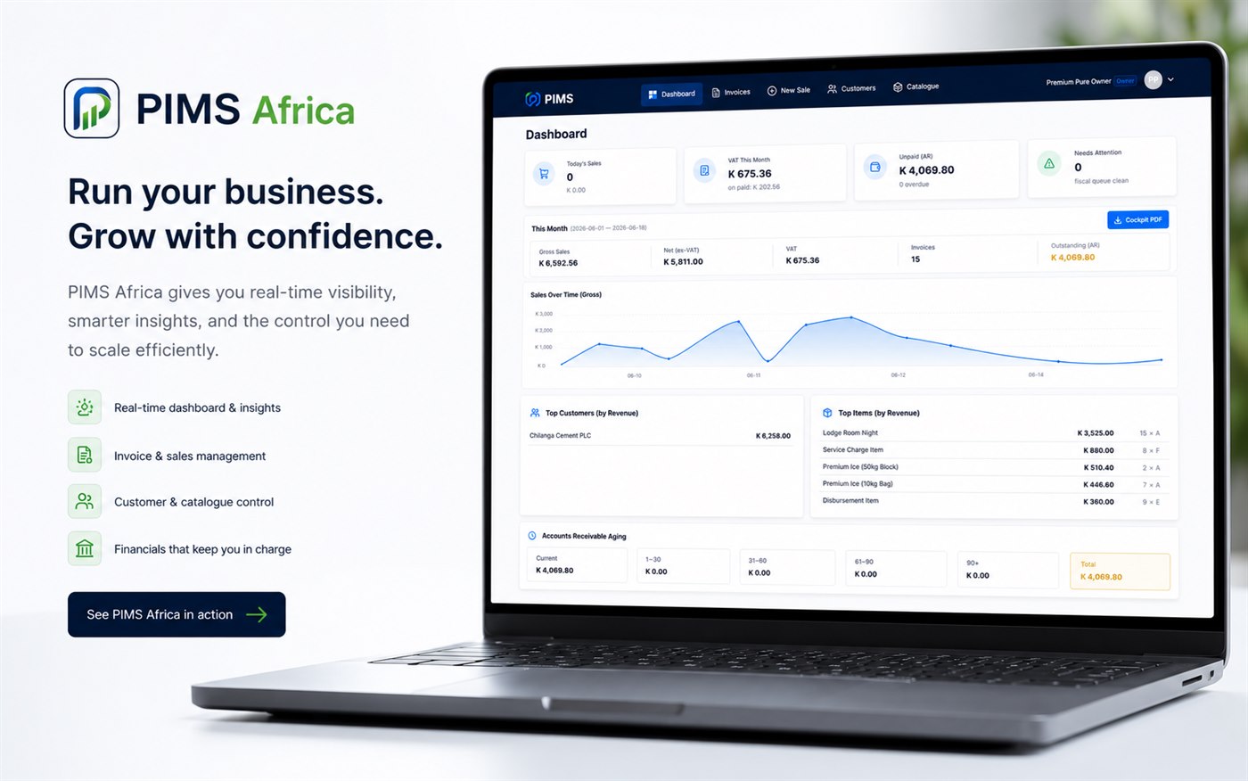 PIMS Africa — real-time business dashboard on a laptop