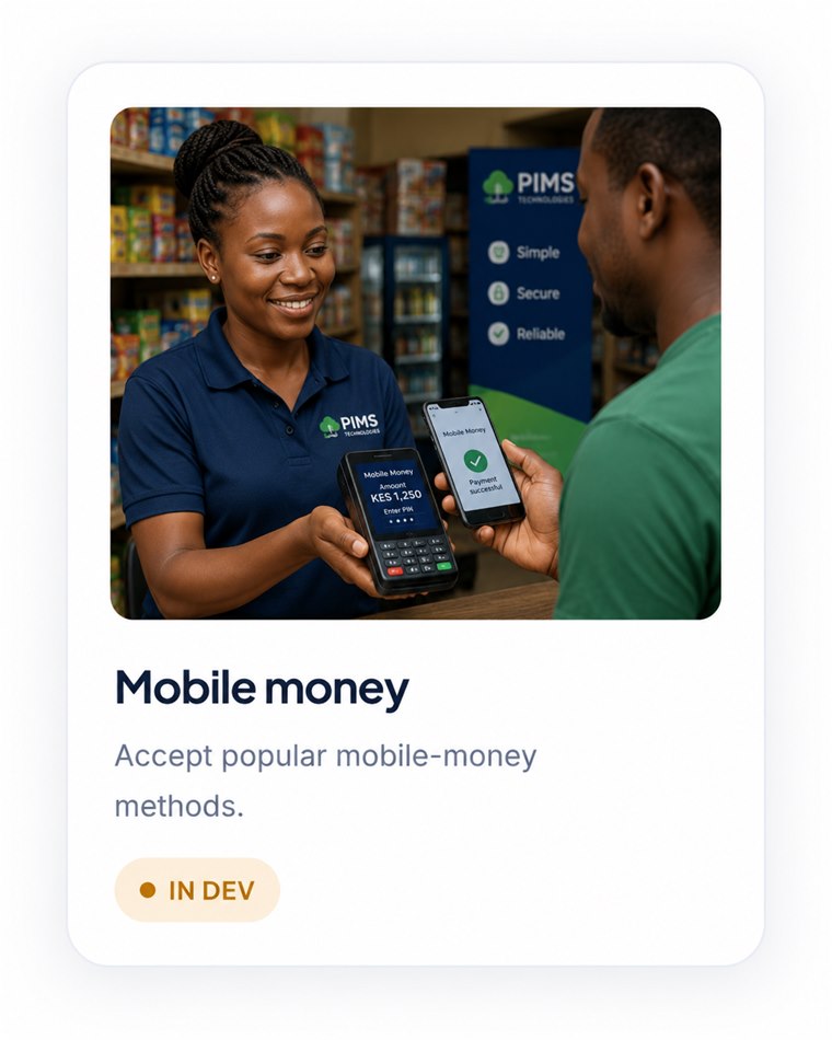 Mobile money — accept popular mobile-money methods. In development.