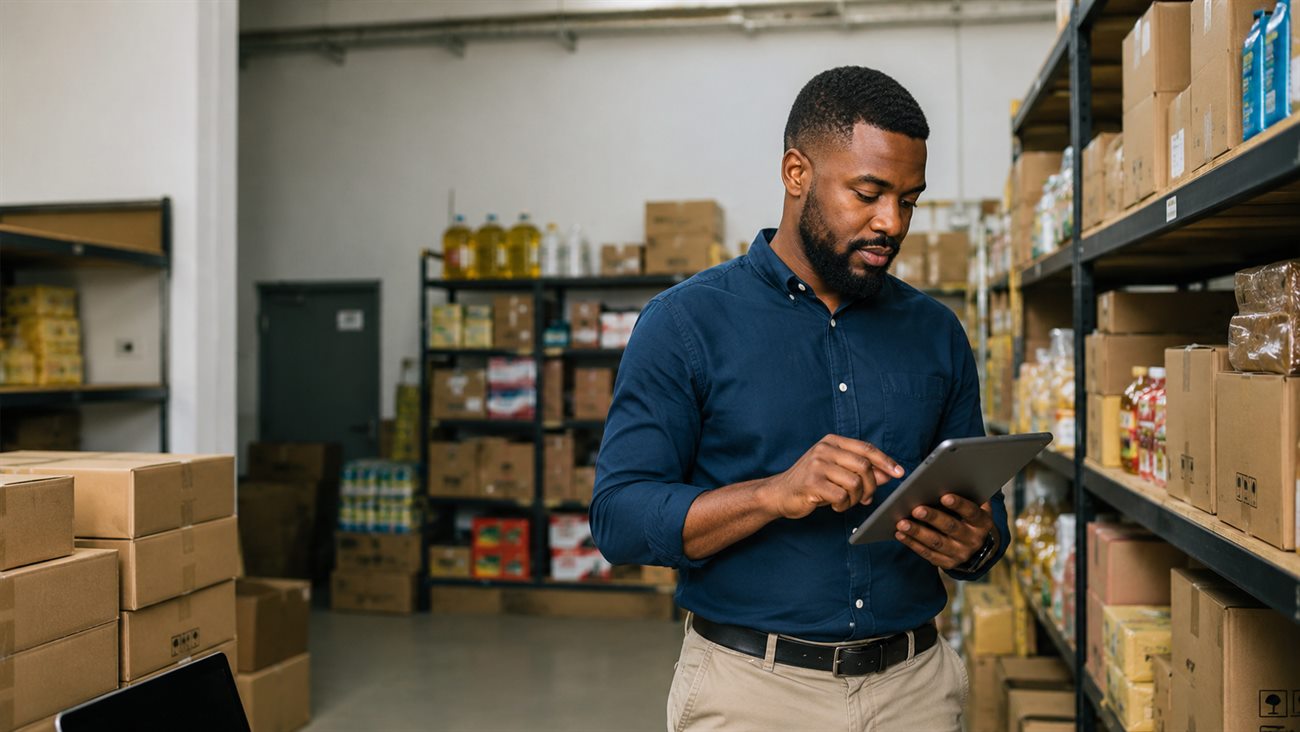 Checking stock on a tablet in a warehouse