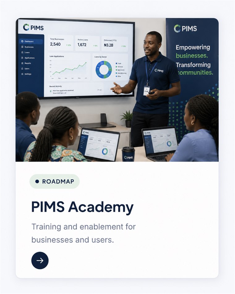 PIMS Academy — training and enablement for businesses and users. Roadmap.