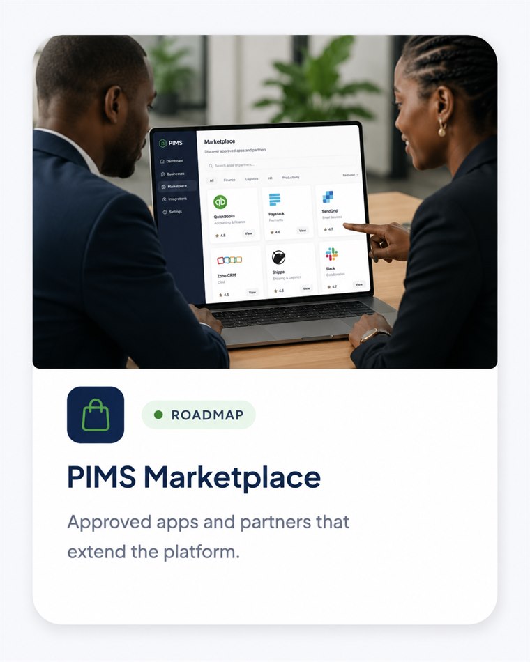 PIMS Marketplace — approved apps and partners that extend the platform. Roadmap.