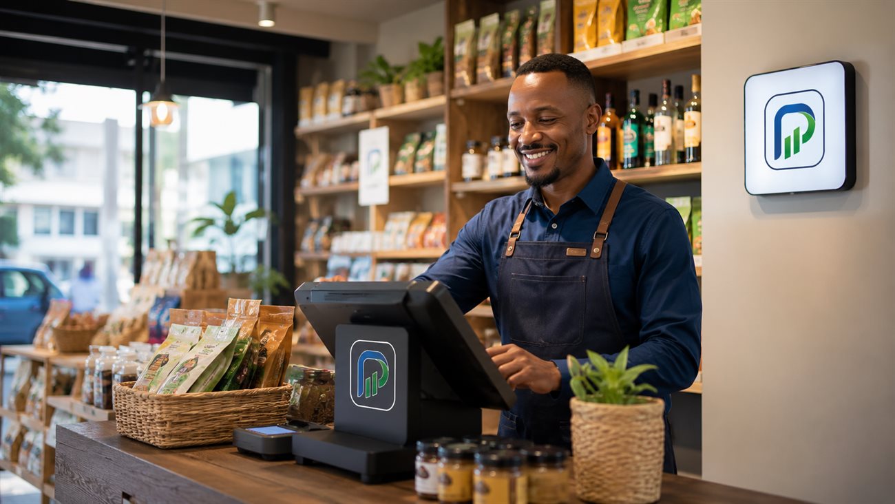 A shop owner ringing up a sale on a PIMS POS terminal