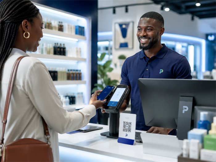 A customer paying by card at a PIMS-powered counter